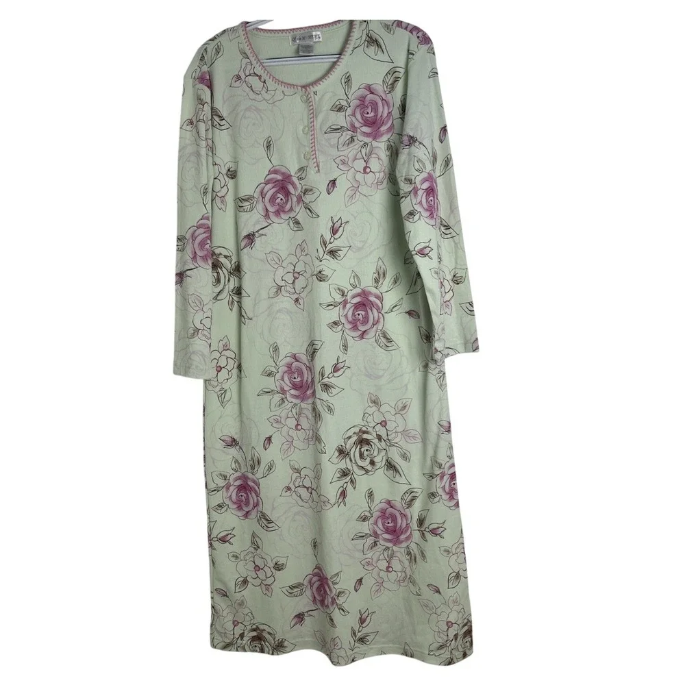 Of the Moment Nightgown Womens Medium Green Pink Good Floral‎ Ribbed Henley Long